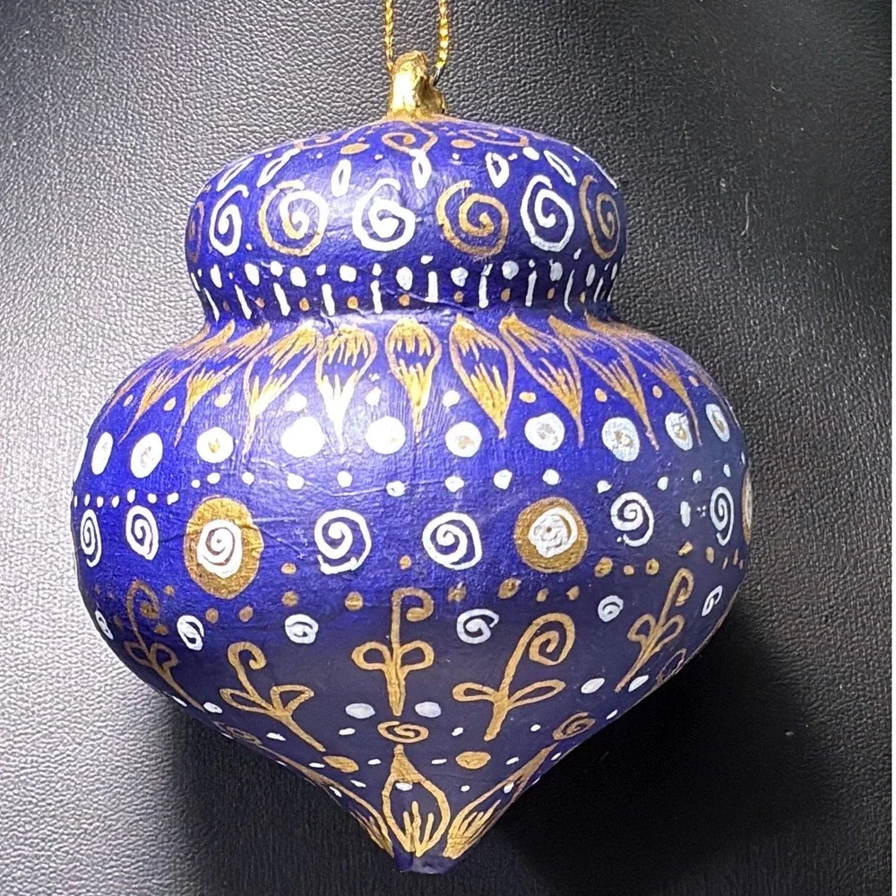 Christmas Ornaments Blue Hand Painted Folk Art Papier Mache Star Finial Set 2